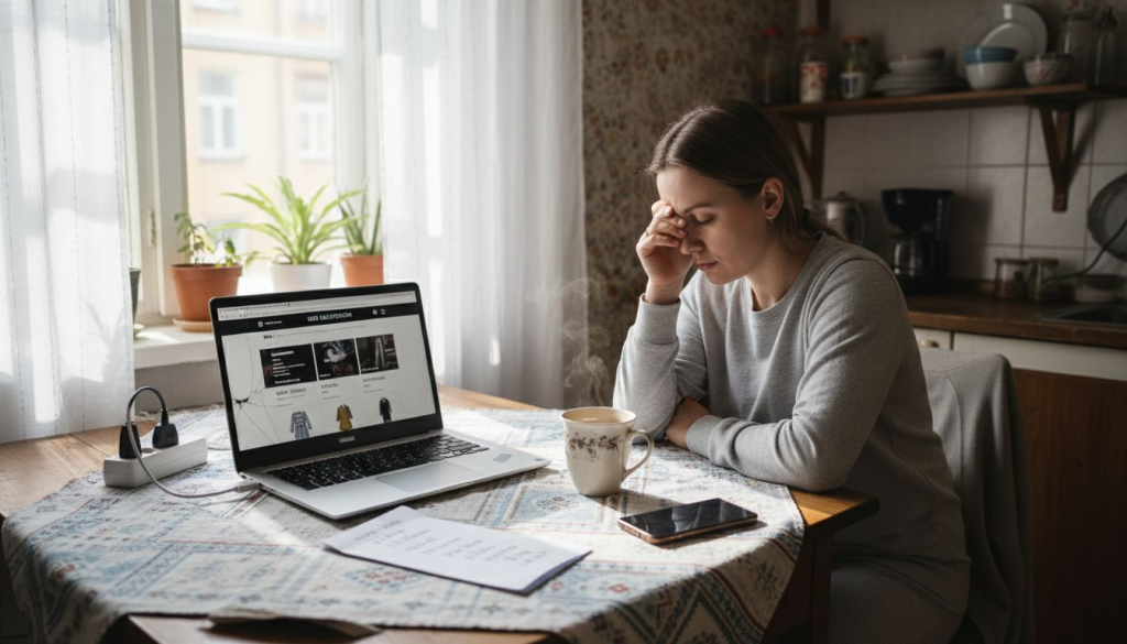 Tallinna korteris istub naine arvuti taga ja teeb internetis sisseoste.