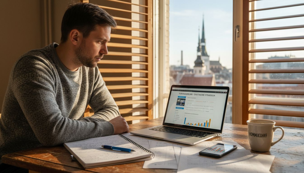 Väikeettevõtja mõtleb, kuidas oma ettevõtte digiturundust paremini korraldada.