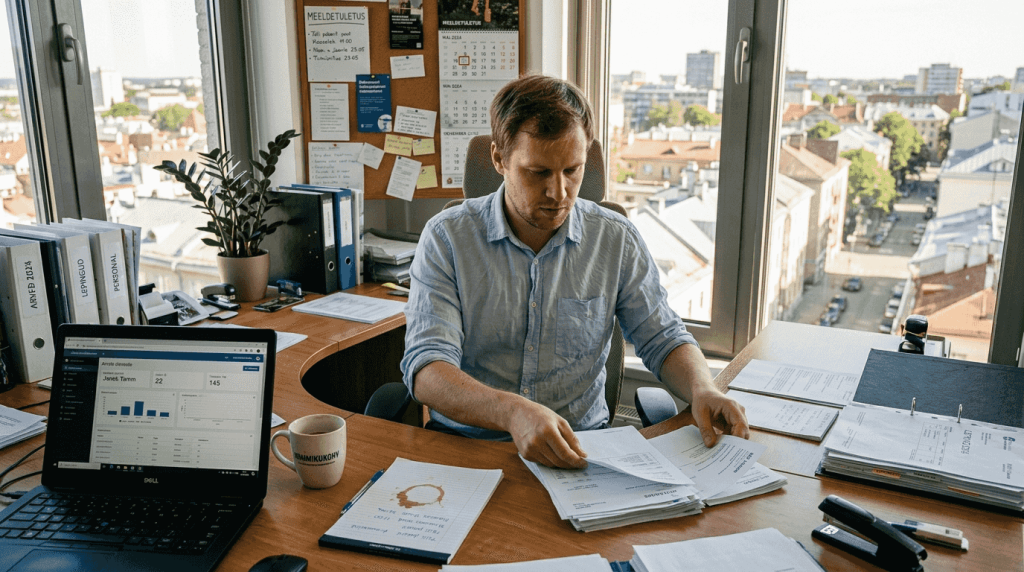 Kontorijuht hoiab valgusküllases kontoris kõik viited kenasti korras.