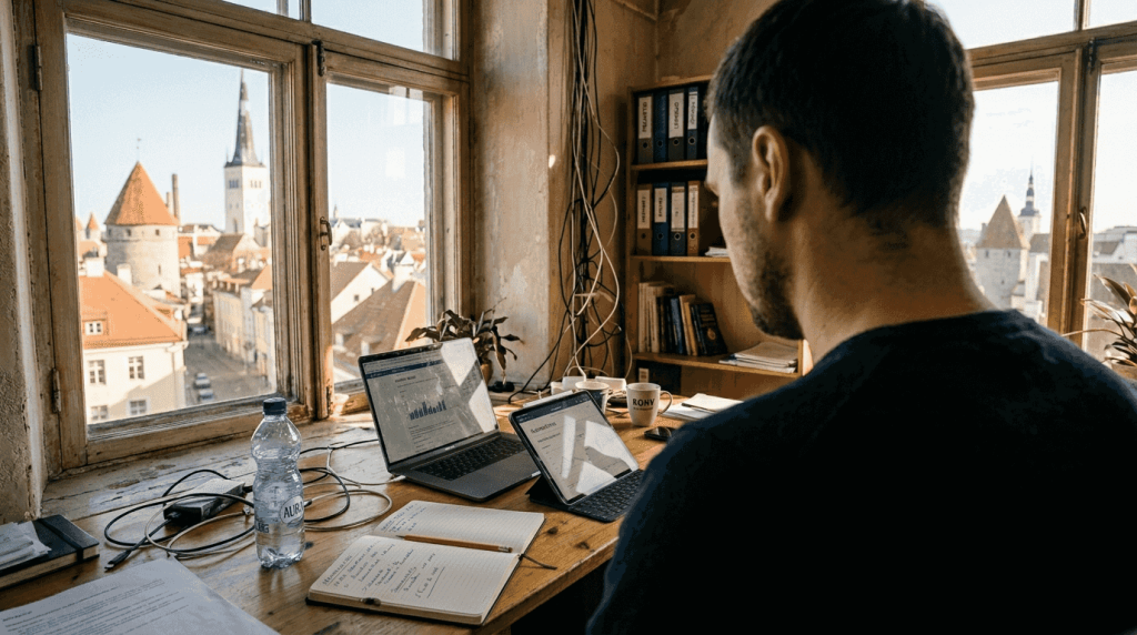 Väikeettevõtja paneb Tallinna tagasihoidlikus kontoris kokku oma veebiportfelli.