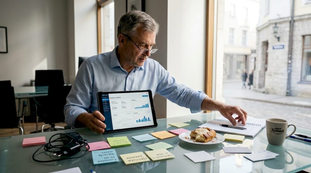 Väikeettevõtja teeb tööd tahvelarvuti ja märkmiku abil.