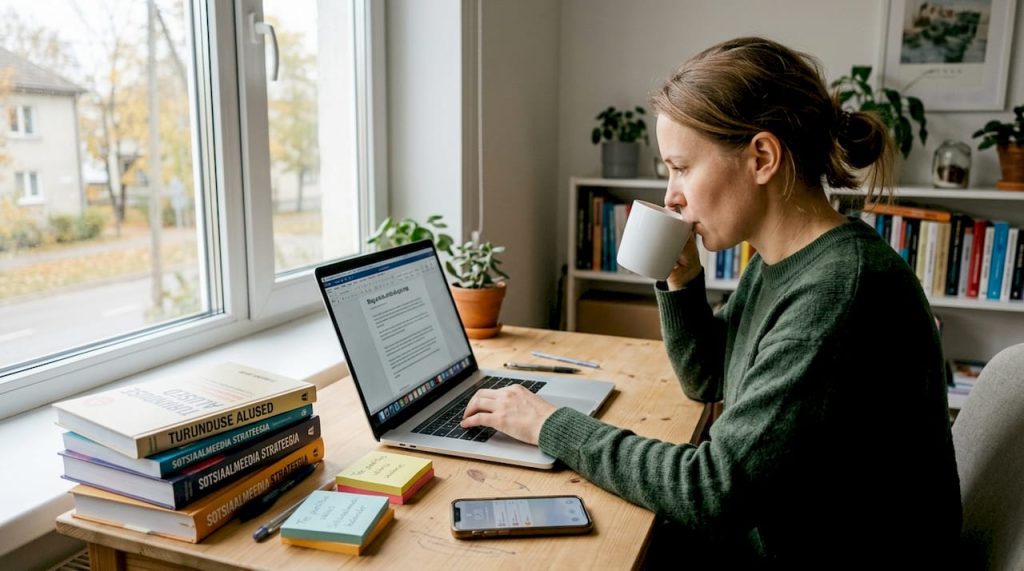 Naine kirjutab kodukontoris blogipostitust