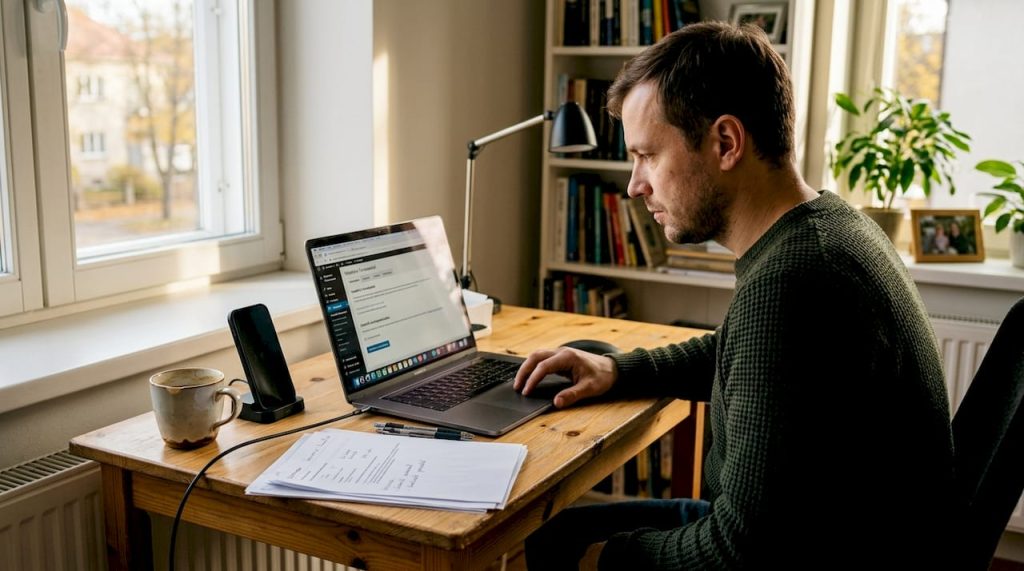 Mees täiendab oma e-poe turvalisust koduses töönurgas.