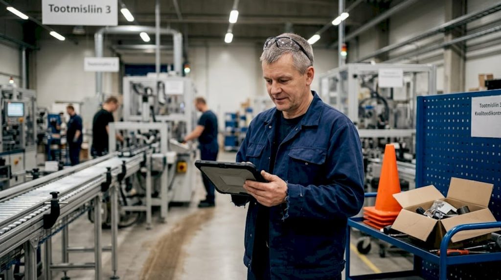Tööstuse vahetusevanem kontrollib tootmisliini kõrval tahvelarvutit.
