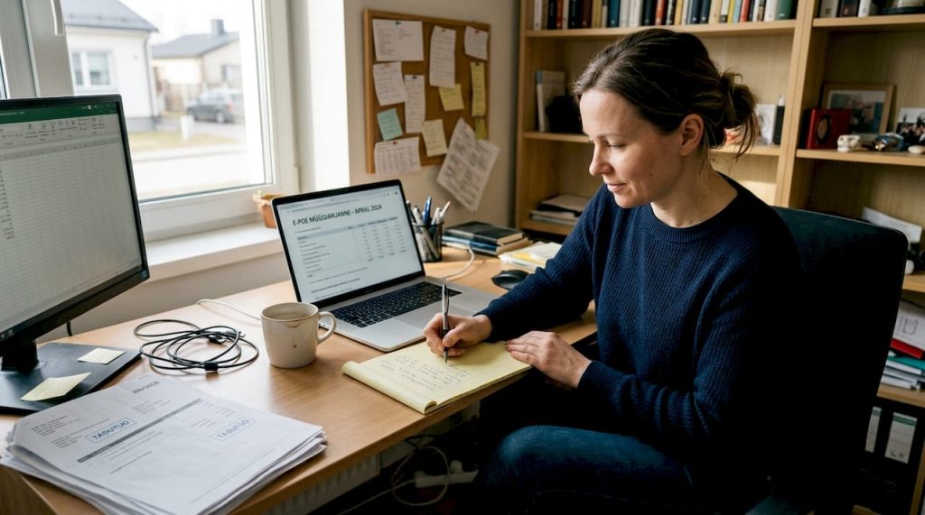 Naine analüüsib oma veebipoe müügitulemusi kodukontoris.