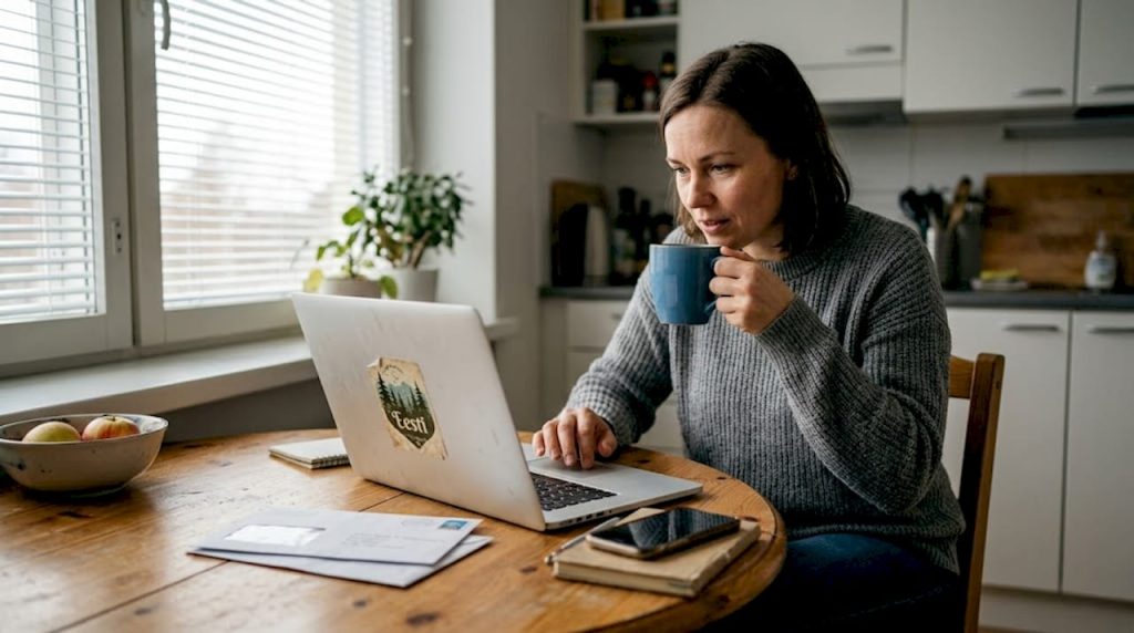 Naine istub köögilaua taga ja loeb arvutist klientide tagasisidet.