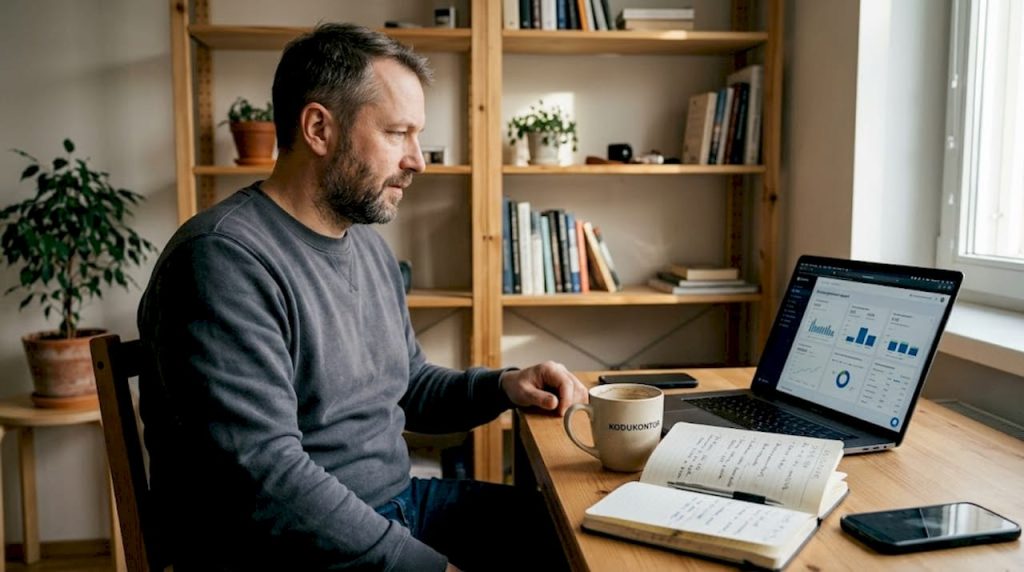 Väikeettevõtja vaatab oma kodukontoris üle külastusstatistikat.