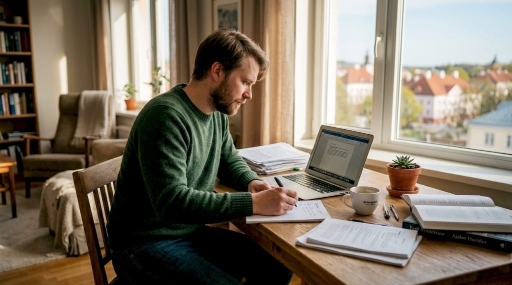 Ettevõtja loob kodukontoris uusi sisukaid tekste.
